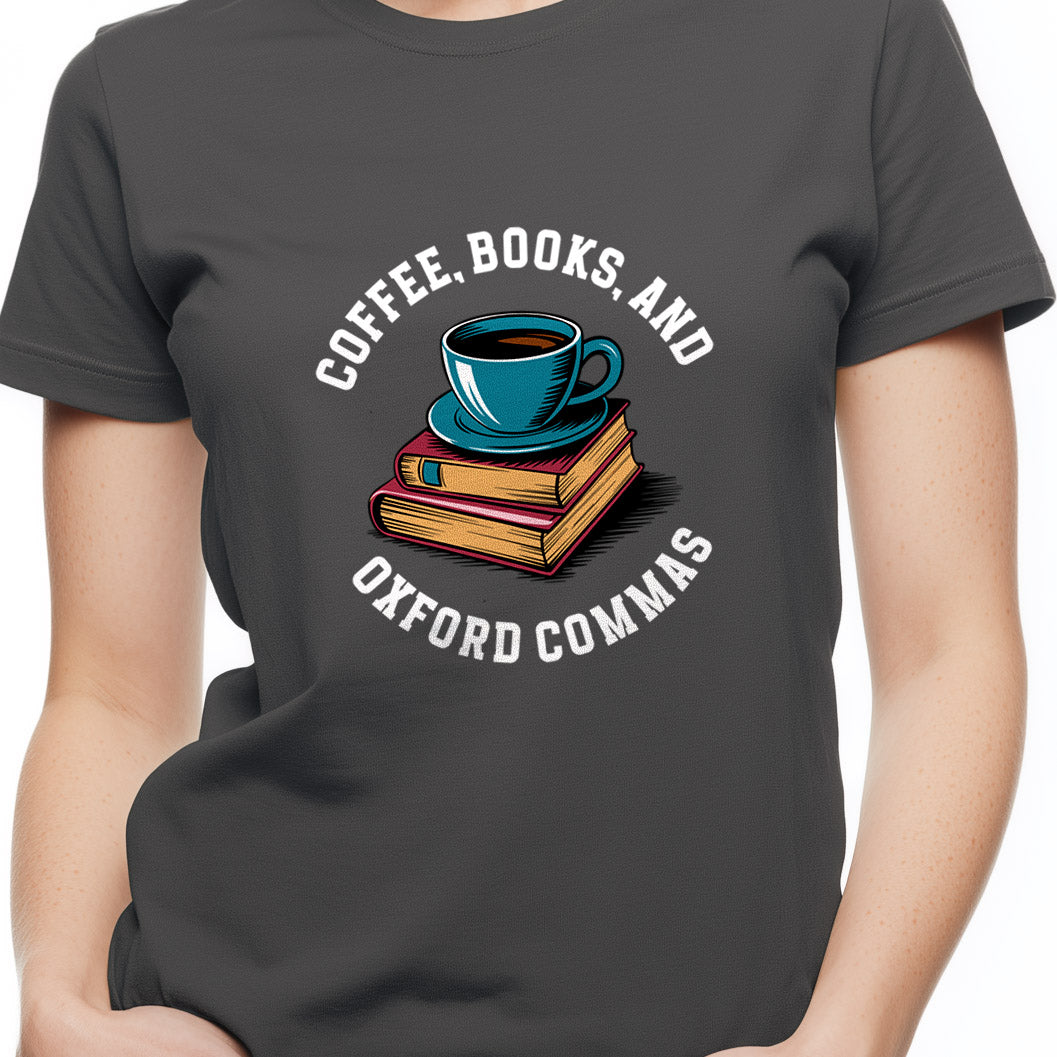 Coffee, books, and Oxford commas Unisex Softstyle T-Shirt